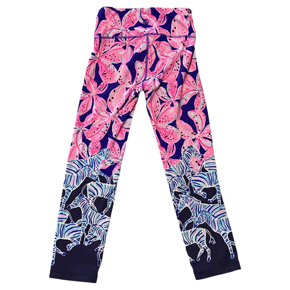 Lilly Pulitzer Luxletic Size XXS Zebra Lily Floral Crop‎ Leggings Navy Pink Blue